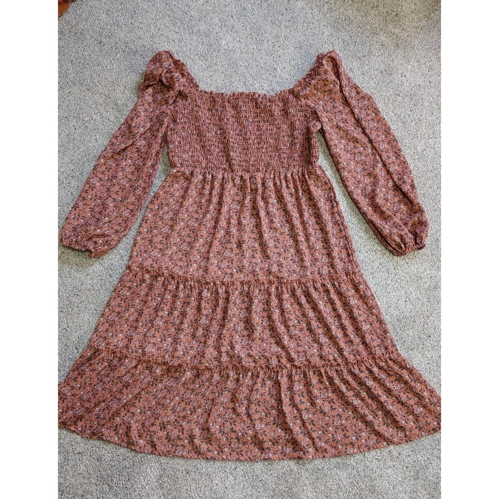 Boho Floral Smocked Tiered Midi Dress Large Long Sleeve Square Neck